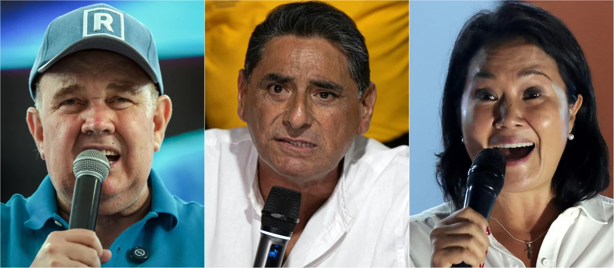 Peru's top 3 presidential candidates (L to R): Rafael López Aliaga (Renovación Popular), Carlos Álvarez (País para Todos), and Keiko Fujimori (Fuerza Popular) at campaign rallies in April 2026.