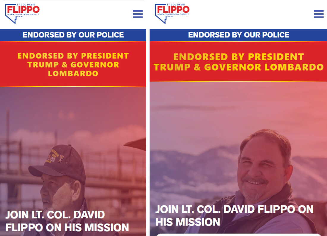 In these screenshots from David Flippo's campaign website, the left shows a photo of his veteran hat featuring two "V" — for Valor — pins next to his Bronze Star pin. On the right is the site after NPR asked why he wears two "V" pins, showing the photo was swapped out.