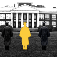 This photo illustration shows a black-and-white photo of a low, wide brick college building with two rows of windows and several white columns at the front entrance. Five students wearing graduation gowns stand in front of the building with their backs to the camera. The middle student is just a bright yellow silhouette.