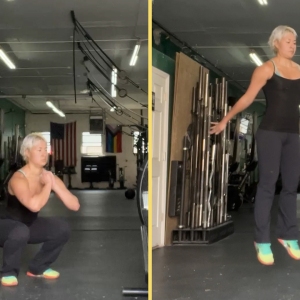 A diptych image of a jump squat exercise.