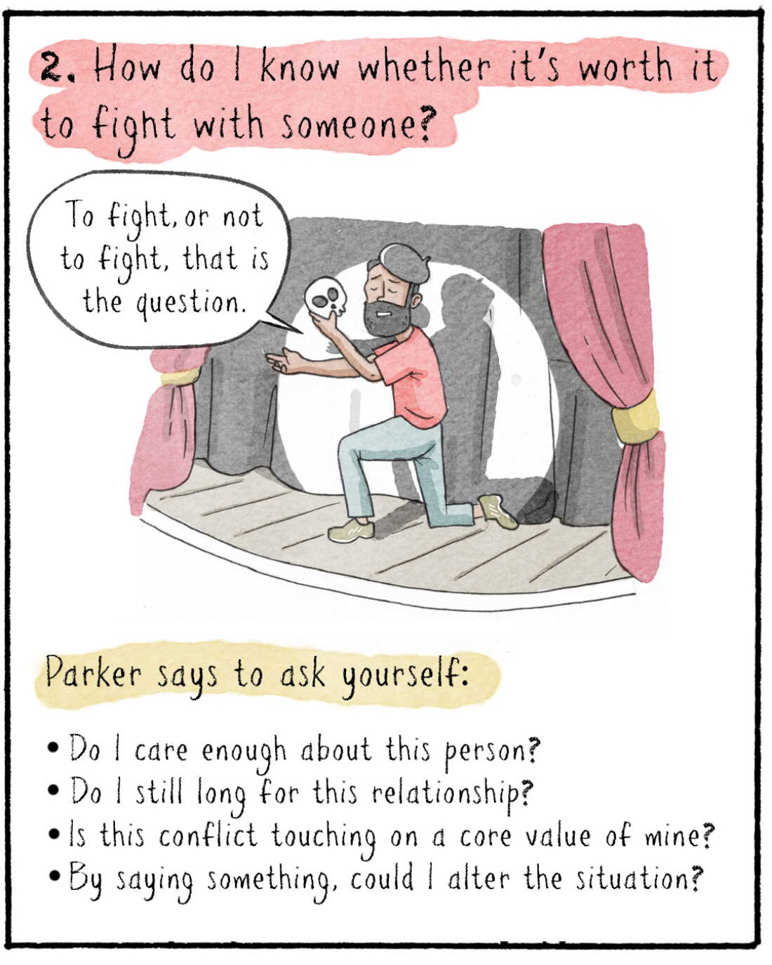 2. How do I know whether it’s worth it to fight with someone? 

IMAGE: Navied on stage as hamlet. 
NAVIED: To fight or not to fight, that is the question. 

Parker says to ask yourself: 

Do I care enough about this person? 
 Do I still long for this relationship?
Is this conflict touching on a core value of mine?
By saying something, could I alter the situation?

