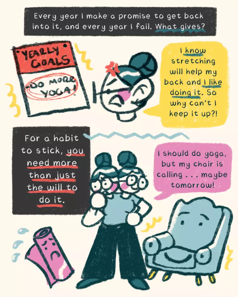 Every year I make a promise to get back into it, and every year I fail. What gives? 
<< ILLO Me, looking at my planner with the goal “DO MORE YOGA” circled and underlined: I know stretching will help my back and I actually *like* doing it. So why can’t I keep it up?! >>
 
For a habit to stick, you need more than just the will to do it. 
<<ILLO of me staring longingly at my couch. “i really want to do this. I do. But I also want to zonk on the couch. Maybe tomorrow!”>> 
