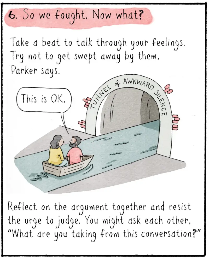 6. So we fought. Now what?  

Take a beat to talk through your feelings. Try not to get swept away by them, Parker says.

	IMAGE: Navied in a little boat with another person. They are about to enter the “Tunnel of Awkward Silence” 
	NAVIED: This is OK. 
	
Reflect on the argument together and resist the urge to judge. You might ask each other, “What are you taking from this conversation?”
