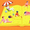 A colorful illustration of nine people relaxing and having fun on the beach. The sand is the size of a large open book.