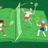 Açık kitap şeklindeki çimenli kortta oynayan dört badminton oyuncusunun illüstrasyonu.
