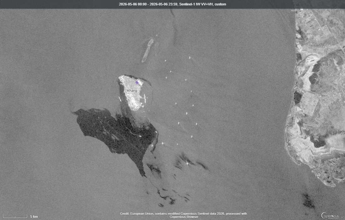 This satellite image provided by European Space Agency shows an apparent oil spill in the Persian Gulf off the western side of Kharg Island, Iran’s main crude oil export terminal, on Wednesday.