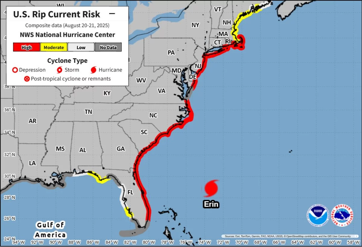 A map from the National Hurricane Center shows a high risk of rip currents on Wednesday from Florida to Massachusetts.