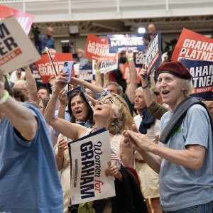 A crowd of supporters reacts to the news that Graham Platner has won the Democratic U.S. Senate primary during an election watch party in Blue Hill Tuesday, June 9, 2026.