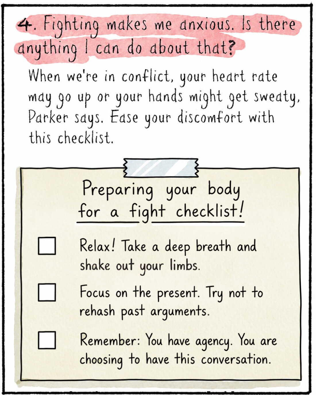 4. Fighting makes me anxious. Is there anything I can do about that? 
Ease your discomfort with this checklist.  

How to get your body ready for a fight

Relax! Take a deep breath and give your limbs a shake. 
 Focus on the present. Try not to rehash past arguments.
 Remember: You have agency. You are choosing to have this conversation. 

