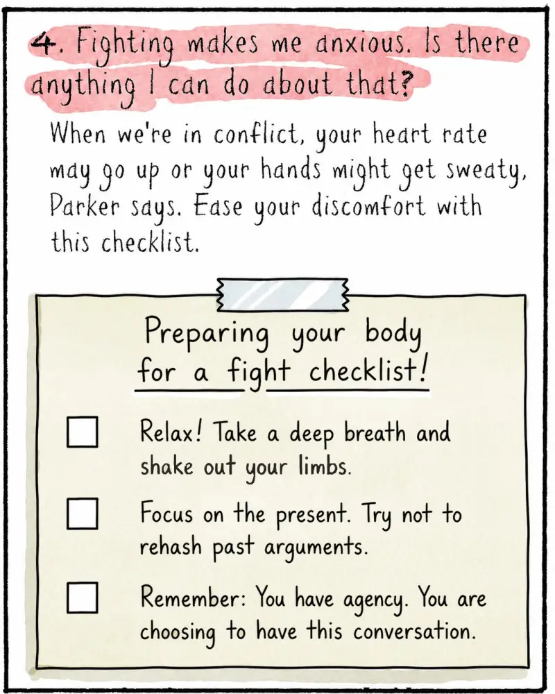 4. Fighting makes me anxious. Is there anything I can do about that? 
Ease your discomfort with this checklist.  

How to get your body ready for a fight

Relax! Take a deep breath and give your limbs a shake. 
 Focus on the present. Try not to rehash past arguments.
 Remember: You have agency. You are choosing to have this conversation. 

