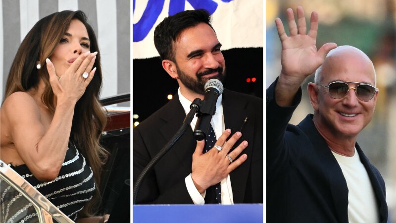 From left: Lauren Sánchez, Zohran Mamdani, Jeff Bezos.