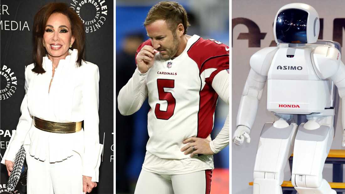 Jeanine Pirro, NFL player Matt Prater sniffing … something, and a famous ambulatory robot.