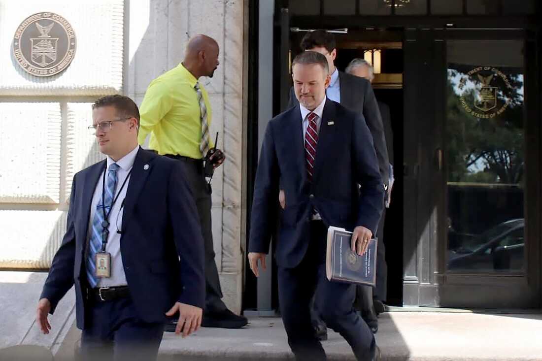 United States Trade Representative Jamieson Greer, center, leaves the U.S. Department of Commerce following a meeting with Canadian officials, in Washington, Monday, Aug. 17, 2026.
