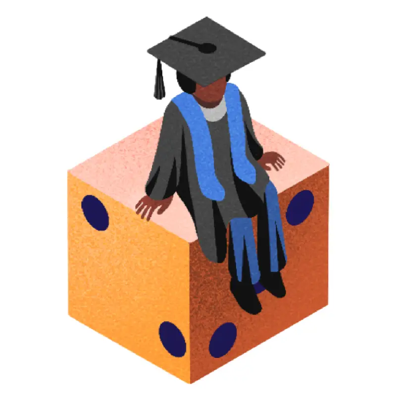 A college graduate sits on top of a cube of dice.