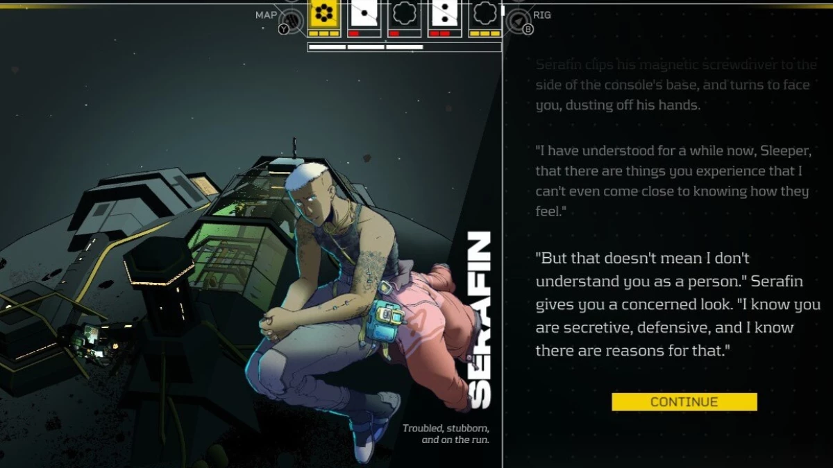 A story scene with a crew member. The dice at the top of the screen bear nicks and cracks after repeated breaks and repairs.