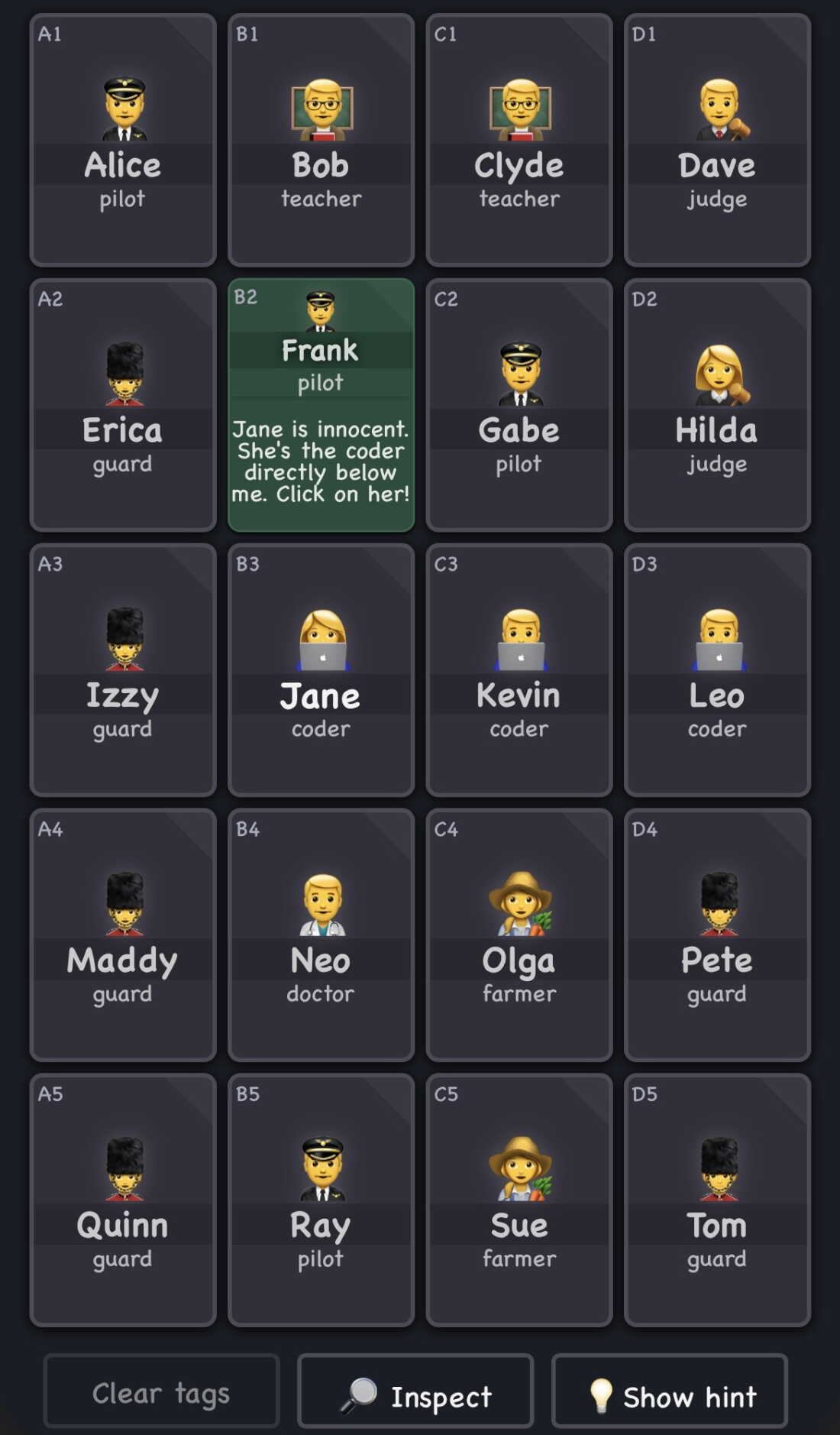 It's up to you to figure out who's innocent and who's guilty in Clues by Sam.