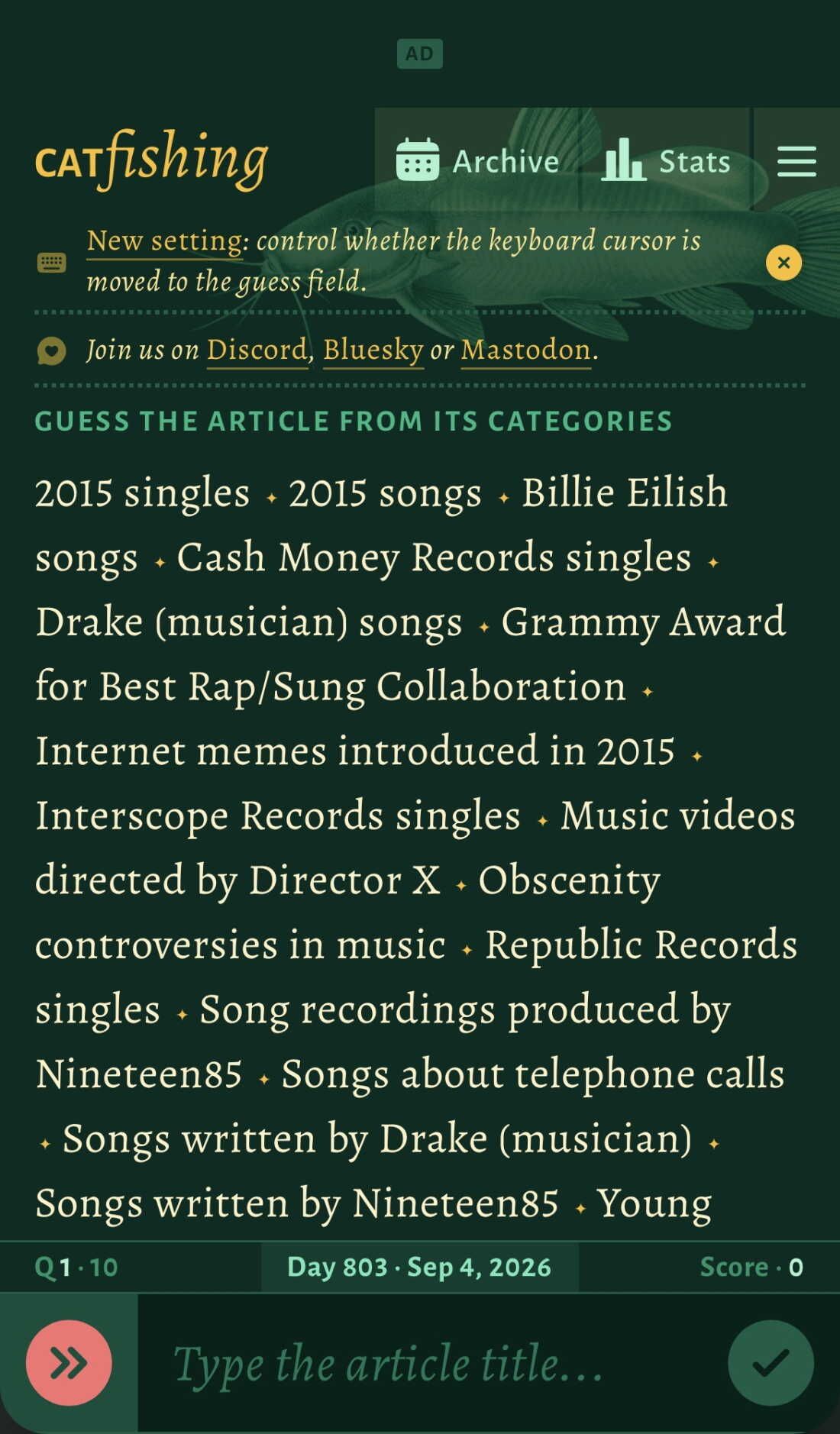 Catfishing asks you to figure the title of a Wikipedia page from its categories — and it's harder than it sounds.