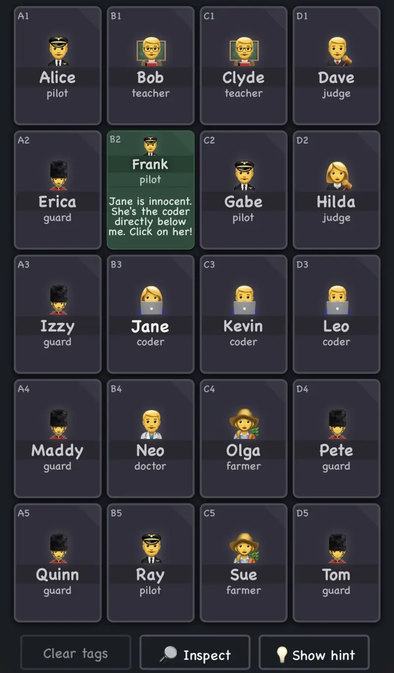 It's up to you to figure out who's innocent and who's guilty in Clues by Sam.