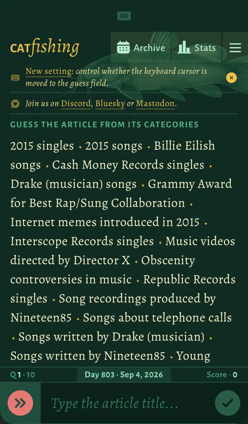 Catfishing asks you to figure the title of a Wikipedia page from its categories — and it's harder than it sounds.