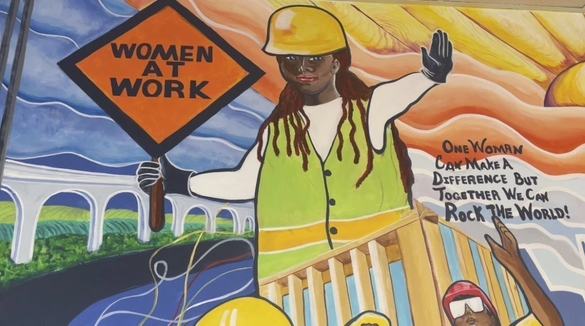 A mural by artist Tene Smith is seen near the entrance of Chicago Women in Trades, a nonprofit dedicated to training and retaining women in the skilled construction trades is photographed April 1, 2025, at the facility in Chicago.