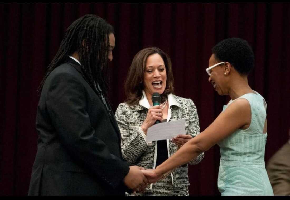 Kamala Harris (middle) officiating Lateefah Simon's wedding.