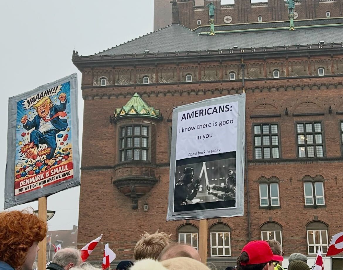 Peder Dam attended the protest alongside his son Gorm. They each carried signs: one with a cartoon of Trump stepping on leggos with a caption that read: 'Denmark is small, but we fight with what we have'; and another with an image of Darth Vader and Luke Skywalker from Star Wars that read: 'Americans: I know there is good in you. Come back to sanity.'