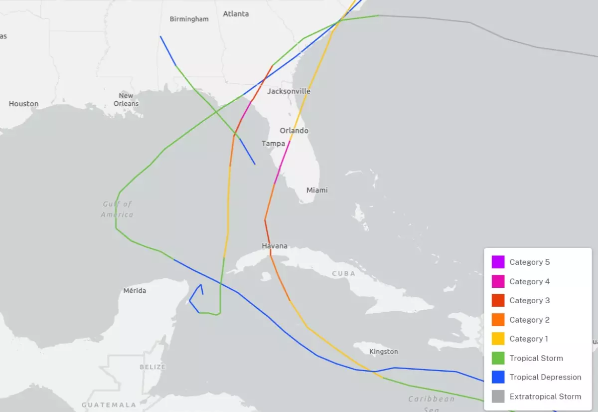 Tropical cyclone tracks for August landfalls in Florida.