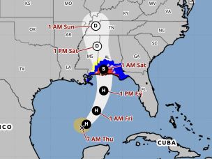 A prediction cone shows the likely path of Hurricane Isaias as it barrels into the northern Gulf Coast. Forecasters say the storm will bring dangerous winds and storm surge when it makes landfall.