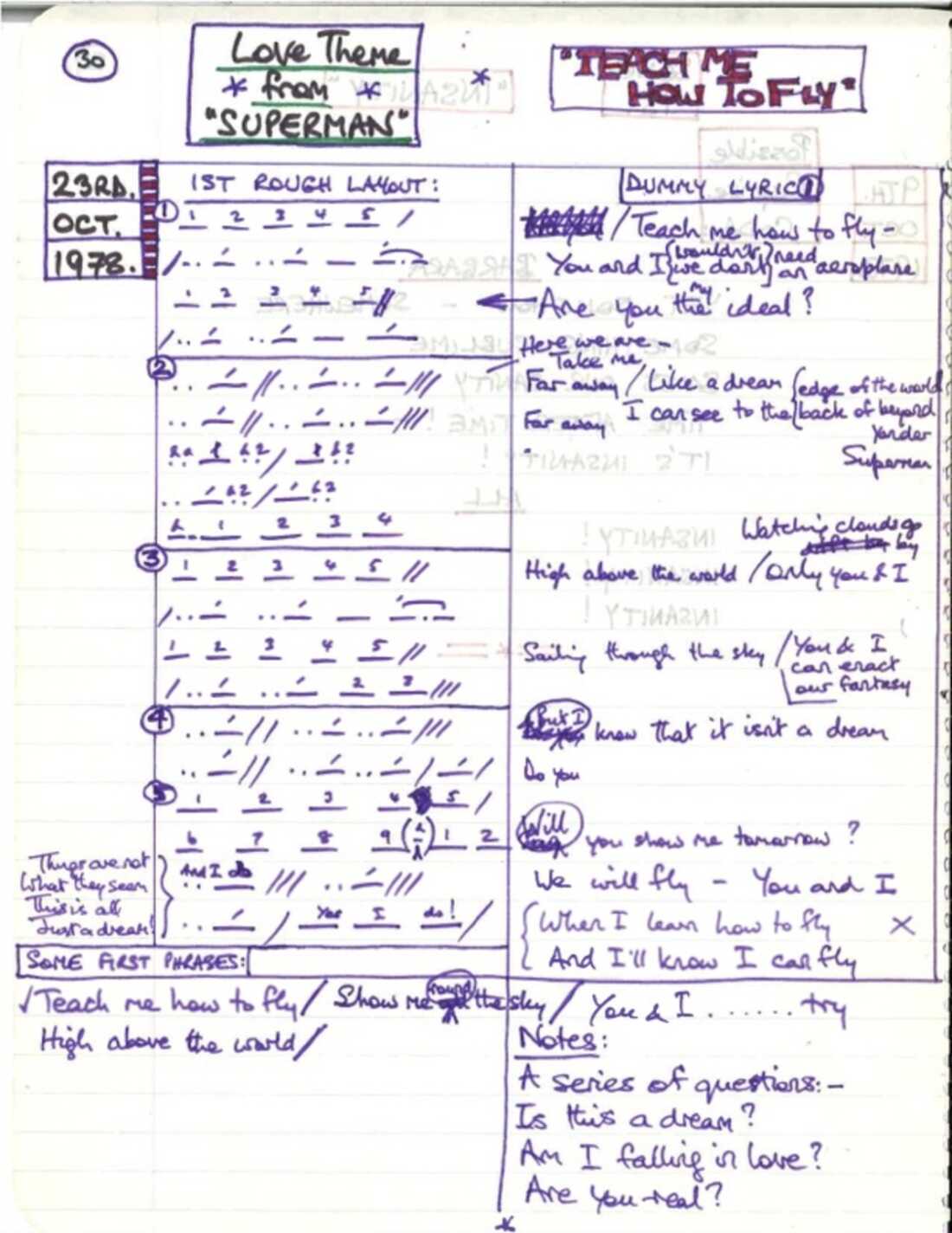 A page from Leslie Bricusse's notebooks.