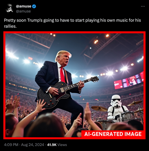 An AI-generated image of former president Trump playing guitar with a storm trooper character from Star Wars that was reposted by his main social media accounts. NPR added the borders to the image to make clear the image was AI-generated.