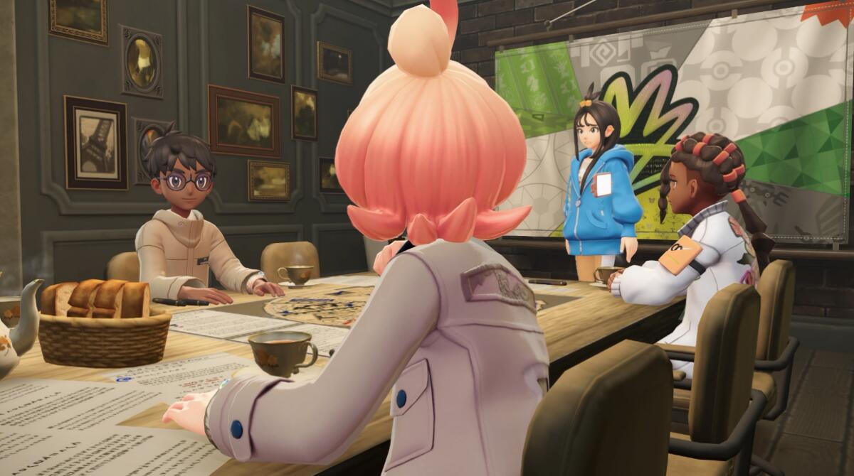 From left to right, the player character, Taunie, Lida, and Naveen meet around a table
