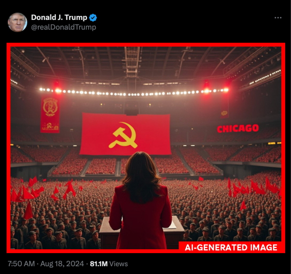 An AI-generated image posted by former president Trump's social media accounts that depicts Vice President Kamala Harris delivering an address before a Soviet-style political convention. Trump's supporters often generate images that denigrate and mock Trump's opponents. NPR added the border to the image to make clear it was generated with AI.