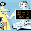 The left side of this illustration shows a girl sitting at a student desk. On the right side, a large humanoid robot is using a pointer to point out material on a display screen that includes a tree, an apple, a leaf and a capital "A" with a lowercase "a" next to it.