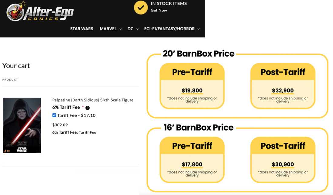 Alter Ego Comics, a family-run business in Ohio, shared a receipt on the left that shows a breakout for tariffs and on the right a screenshot of a presentation from HiveTech Solutions, a Colorado company that makes large, refrigerated container boxes for beekeepers and for farmers. It shows prices for their customers before and after tariffs.