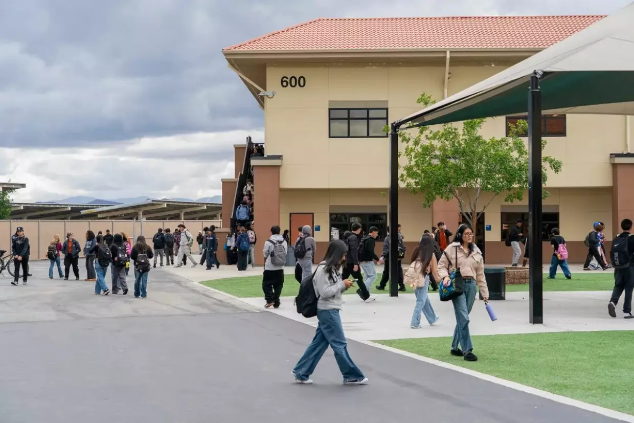 Students walk to class at Orange Vista High School in Perris, on Nov. 18, 2025.