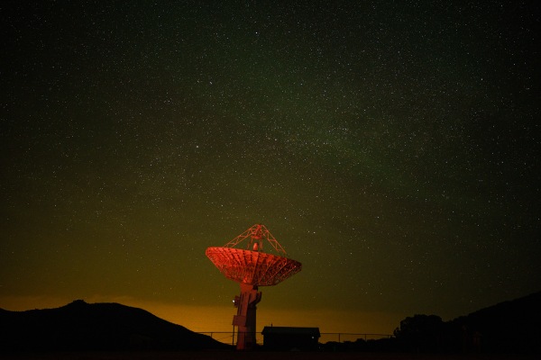 The McDonald Geodetic Observatory, a radio telescope, points into the night sky after the end of a Star Party at McDonald Observatory in Fort Davis, Texas on Tuesday, May 27, 2025.