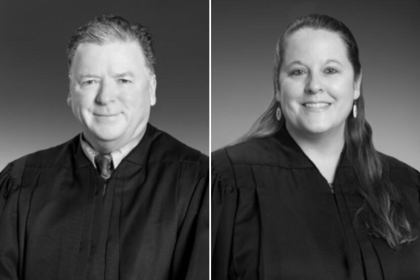 The Alaska Judicial Council is recommending against retaining District Court Judge Martin Fallon (left) and Superior Court Judge Kelly Lawson (right) in the 2026 general election.