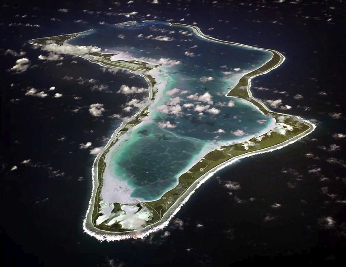 This image released by the U.S. Navy shows an aerial view of Diego Garcia, a remote island in the Indian Ocean.