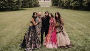 From left, Ashna Ahuja, Deepak Ahuja, Akash Mahtani, Shreya Ahuja and Madhu Ahuja attended Mahtani and Shreya Ahuja’s wedding in Asheville, N.C., in 2025.