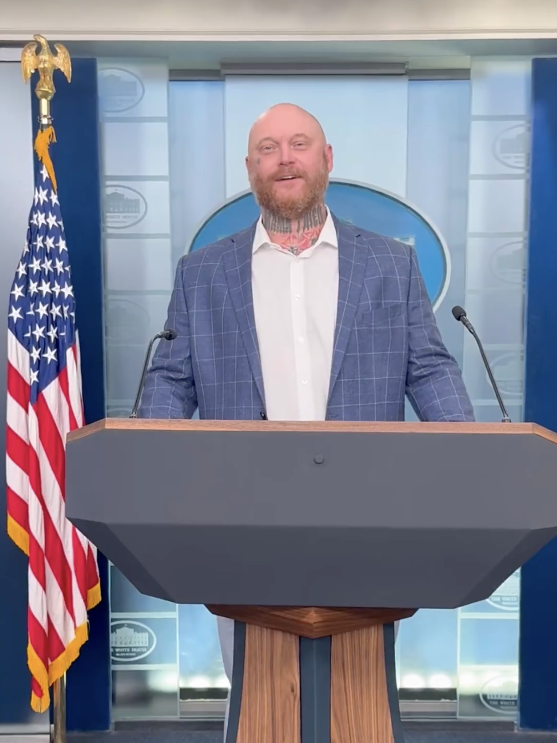 Jenkins, who also had a criminal record before Jan. 6, posed for photos and videos behind the lectern in the White House press briefing room. Just months earlier, he was serving a seven-year prison sentence for his actions during the Capitol riot.