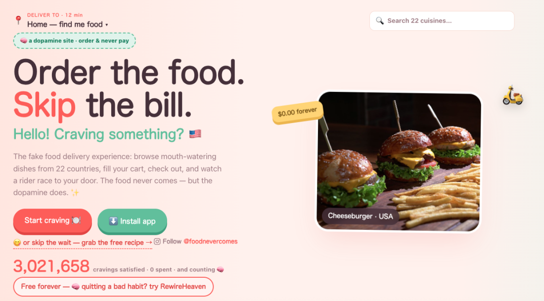 The front page of the website Food Never Comes