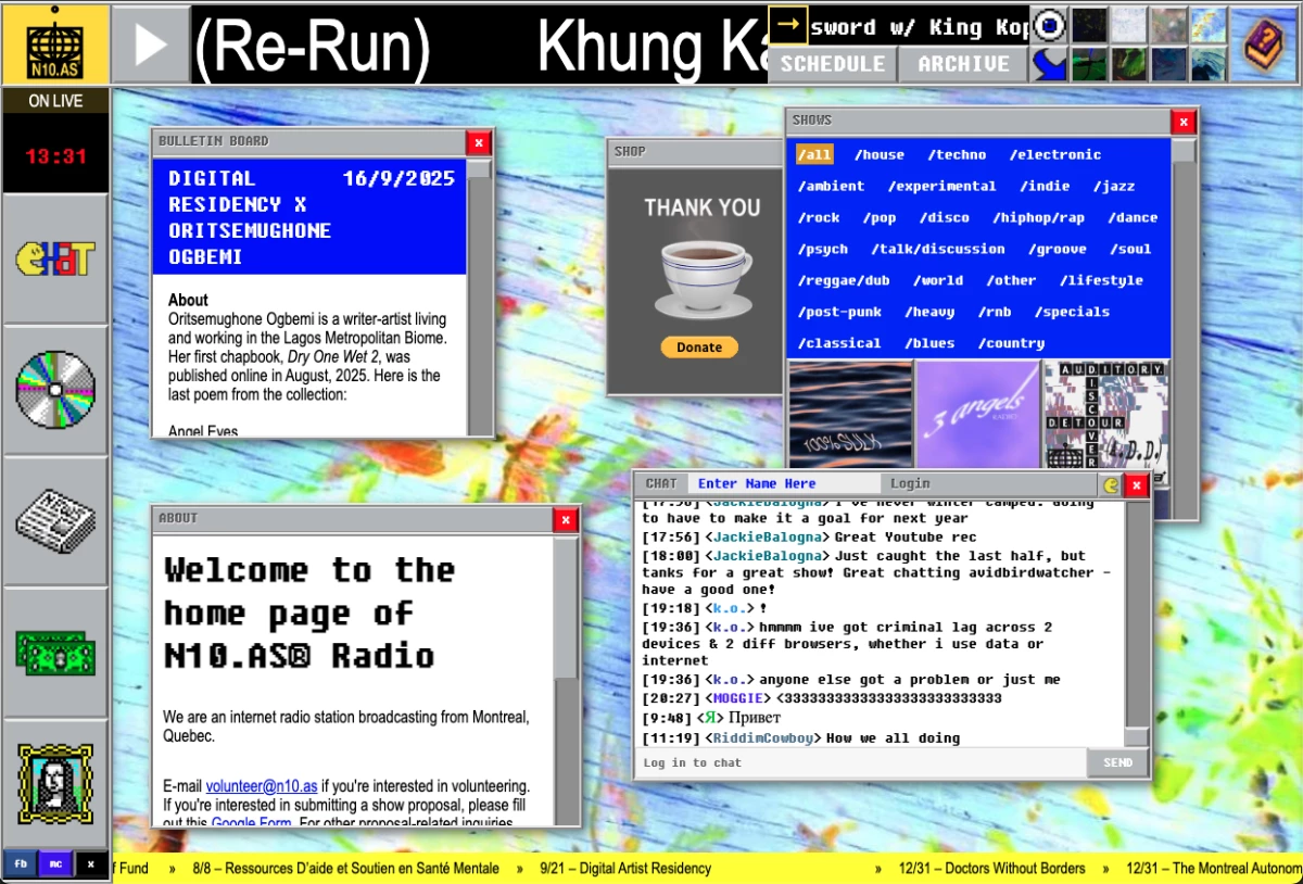 N10.AS Radio's website features design elements reminiscent of early internet sites.