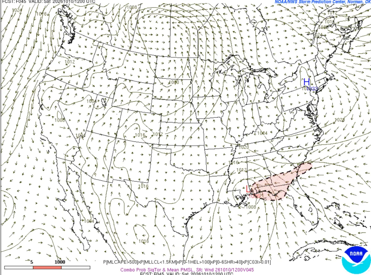 Map showing significant tornado parameters along the I-10 corridor From Friday evening into Saturday.