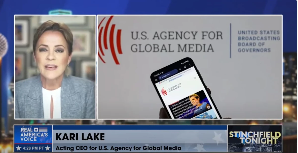 Trump administration adviser Kari Lake, shown recently on the Real America's Voice cable TV channel, has sought to dismantle Voice of America and its federal parent, the U.S. Agency for Global Media. The agency has recently called her its acting CEO. But she may not be legally eligible for the job.