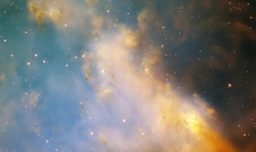 A close-up image of Messier 27, also known as the Dumbbell Nebula, taken with the Hubble Space Telescope.