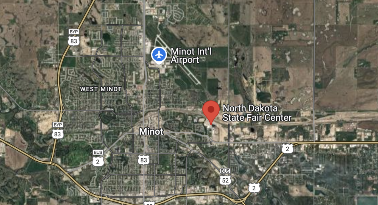 A Google Maps image shows Minot International Airport
