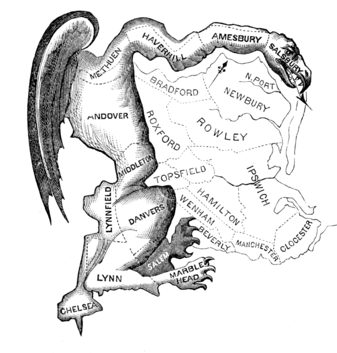 This image shows "The Gerry-mander," a black-and-white editorial cartoon that first appeared in the Boston Gazette on March 26, 1812. It depicts an oddly shaped gerrymandered state senate district as a winged, clawed monster, seemingly poised to strike neighboring Federalist-dominated districts.