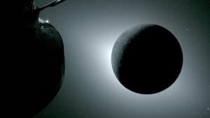 The moon, seen here backlit by the sun during a solar eclipse on Monday, is photographed by one of the cameras on the Orion spacecraft’s solar array wings