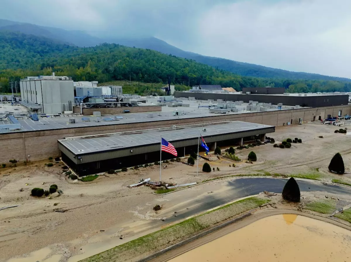 Footage from Sept. 28 shows sand and debris left after flooding shut down operations at Baxter International's facility in Marion, N.C. The plant is the largest manufacturer of intravenous and peritoneal dialysis solutions in the United States.