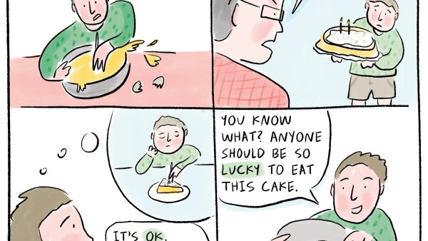 A four-square illustration of a person in a green shirt backing a cake. 